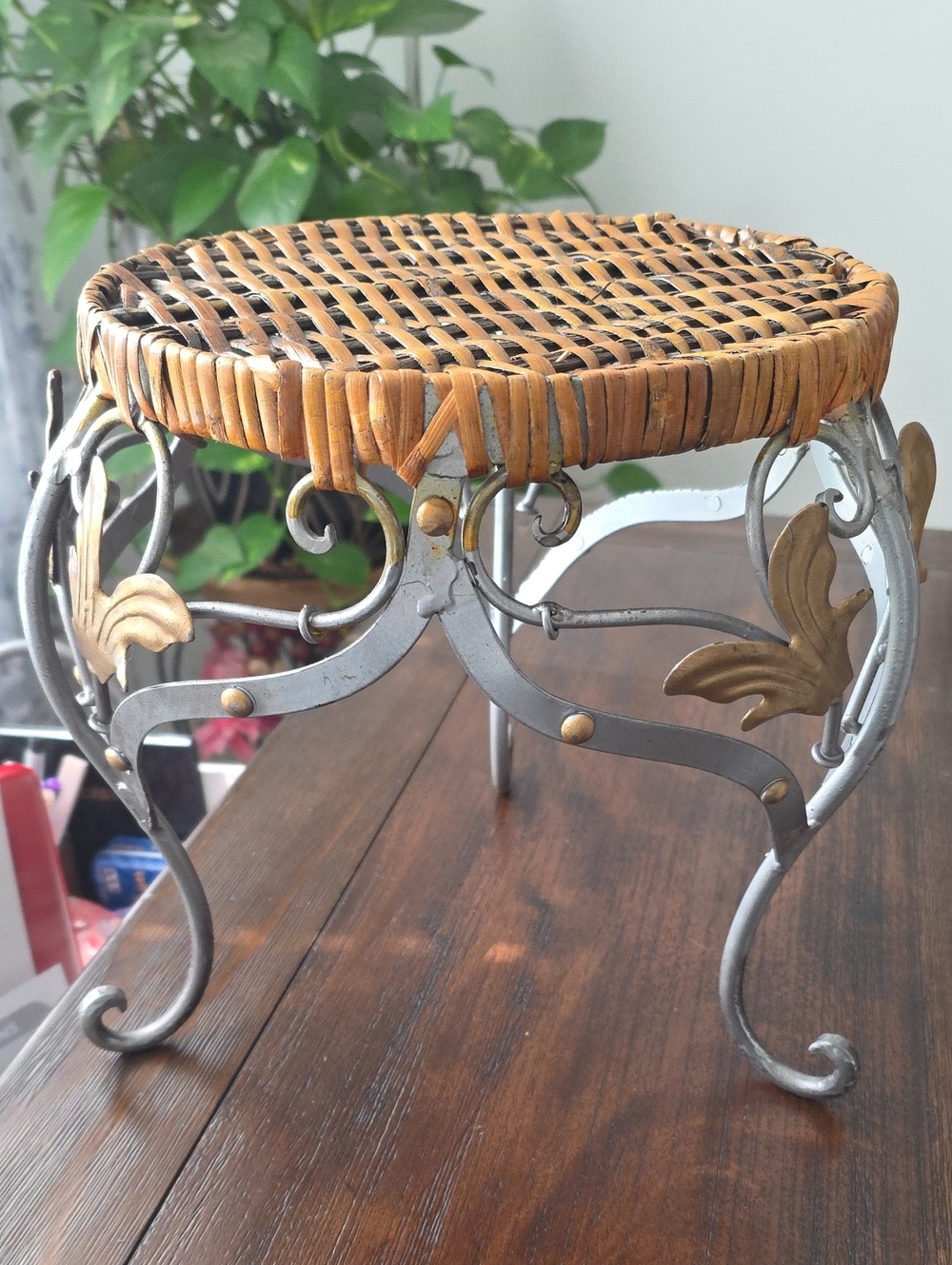 Woven Rattan and Metal Accent Stool - Brown and Silver. Circa 1950s-1980.